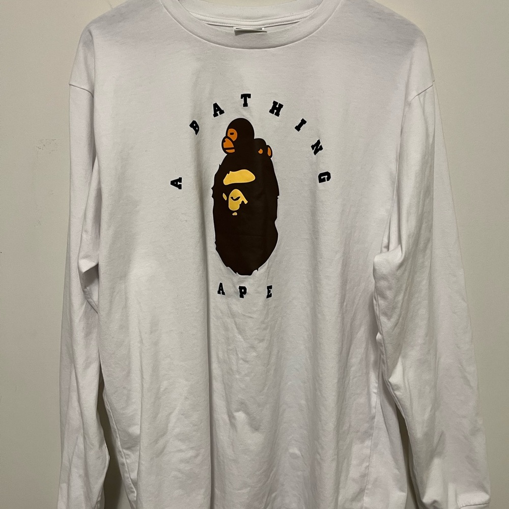 Bape White Long Sleeve Tee with Black and Brown Logo